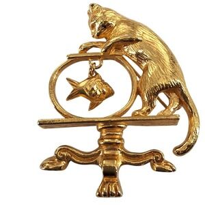 Vintage 1994 Avon Naughty Cat & Fishbowl Brooch Gold Tone Dangling Goldfish Pin